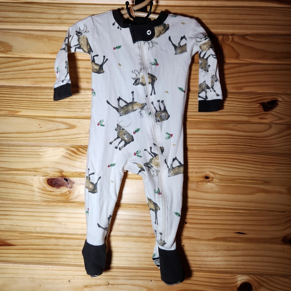 Burt's Bees PJ | Organic Baby Footed Zipper Pajama Christmas Reindeer 3-6m